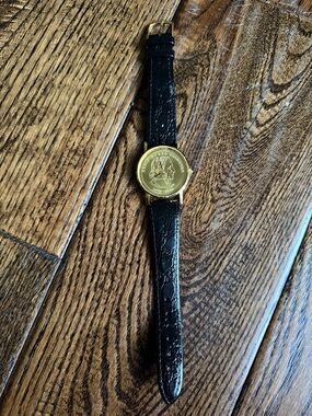 CHRISTOPHER COLUMBUS Gold Tone Coin Face Watch with Black Leather Strap